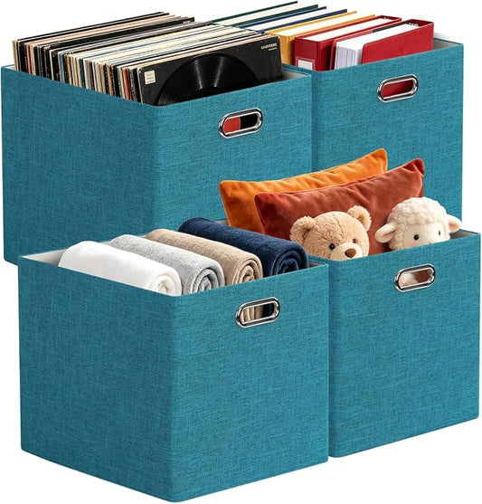 Posprica 3X Thicker Collapsible Storage Bins,13×15x13 Foldable Storage Cube Boxes Fabric Drawer for Closet Shelf Cabinet Bookcase, set of 4 (Bright Green) by Posprica
