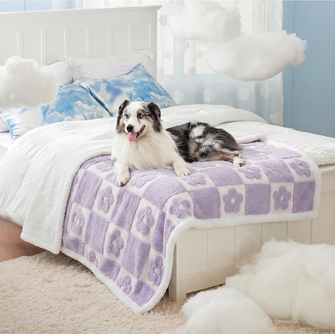 LE SURE Waterproof Dog Blankets for Large Dogs Cute Cozy 3D Jacquard,50x60 | Warm Soft Pet Blanket for Senior Dogs Aesthetic Gift, Washable Sherpa Throw,Reversible Couch Protector,Lavender Flower Checks by Lesure