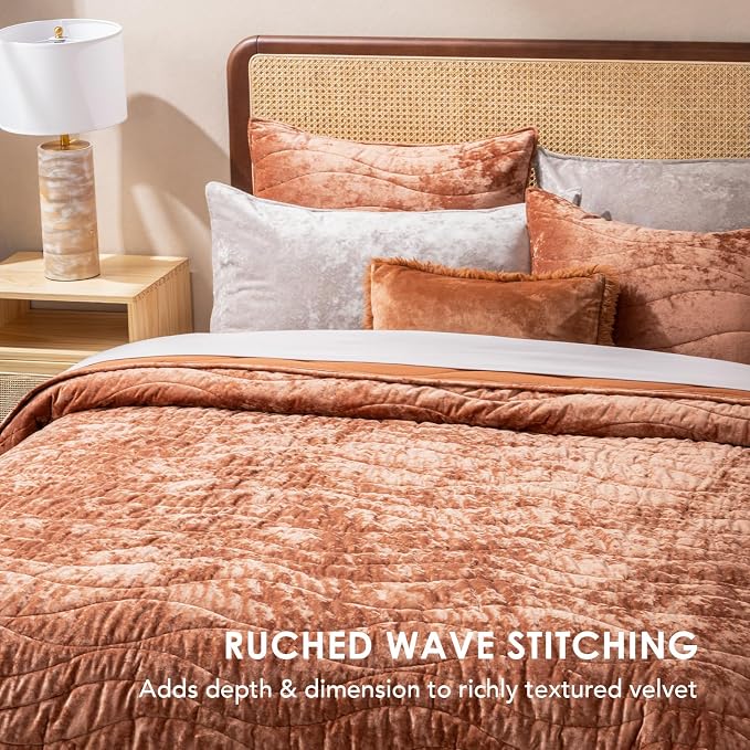 EverGrace Luxury Wave Crushed Velvet Quilt Set, Queen Size, Burnt Orange | Luxurious Soft, Lightweight Velvet Comforter, Cozy Plush Oversized Bedspread Coverlet for All Season, with 2 Shams - Image 2