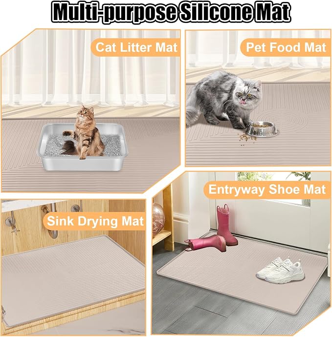 Silicone Cat Litter Mat 50" x 36" Cat Mat for Litter Box, Khaki | Extra Large Cat Litter Trapping Mat for Floor, Waterproof, Non-Slip Kitty Litter Box Mat with Raised Edge, Easy to Clean - Image 8