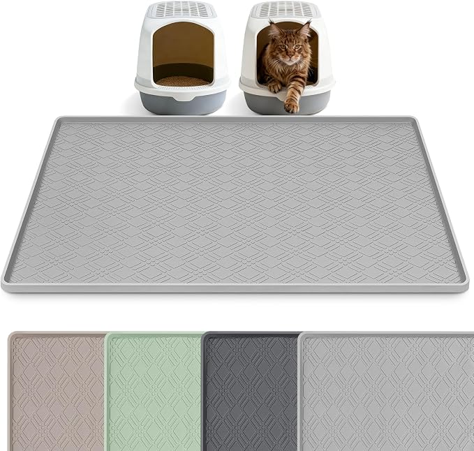 Silicone Cat Litter Mat 42" x 29" Cat Mat for Litter Box, Light Grey | Extra Large Cat Litter Trapping Mat for Floor, Waterproof, Non-Slip Kitty Litter Box Mat with Raised Edge, Easy to Clean by Bartuke