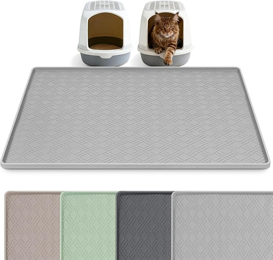 Silicone Cat Litter Mat 42" x 29" Cat Mat for Litter Box, Light Grey | Extra Large Cat Litter Trapping Mat for Floor, Waterproof, Non-Slip Kitty Litter Box Mat with Raised Edge, Easy to Clean by Bartuke