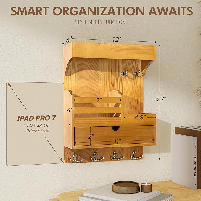 Rebee Vision Key Holder Wall Mount with Drawer for Home Decor, Light Brown | Key Holder for Wall, 6 Key Hooks, Floating Wall Shelf, Drawer Organizer, Mail Sorter, Room Decor Aesthetic - Image 2