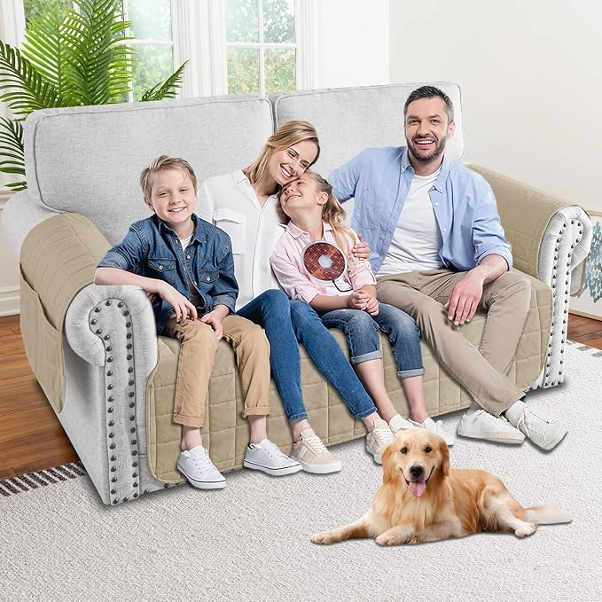 MAXIJIN Waterproof Loveseat Covers for Dogs Washable, Quilted Love Seat Couch Covers 2 Cushion Couch with Side Pockets, Non-Slip Furniture Protector for Pets Kids (Loveseat, Khaki) - Image 2