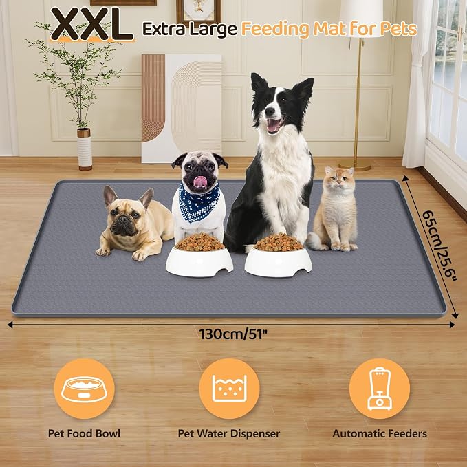 Dog Food Mat 51''x25.6'' Extra Large Dog Mat for Food and Water,Light Grey | Silicone Dog Bowl Mat with Raised Edge, Waterproof Non-Slip Pet Feeding Mat for Floors, fit for Dog Cat Bowls - Image 2