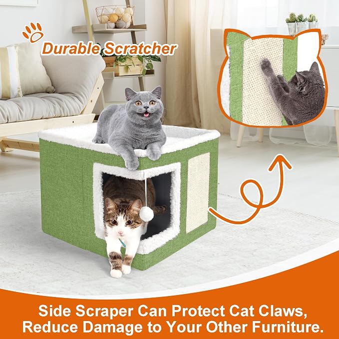 Loyareal Cat Houses for Indoor Cats - Large Cat Bed Cave with Scratch Pad and Fluffy Ball, Foldable Cat Condo Hideaway with Reversible Cushion for Multi Small Pet, Green - Image 2