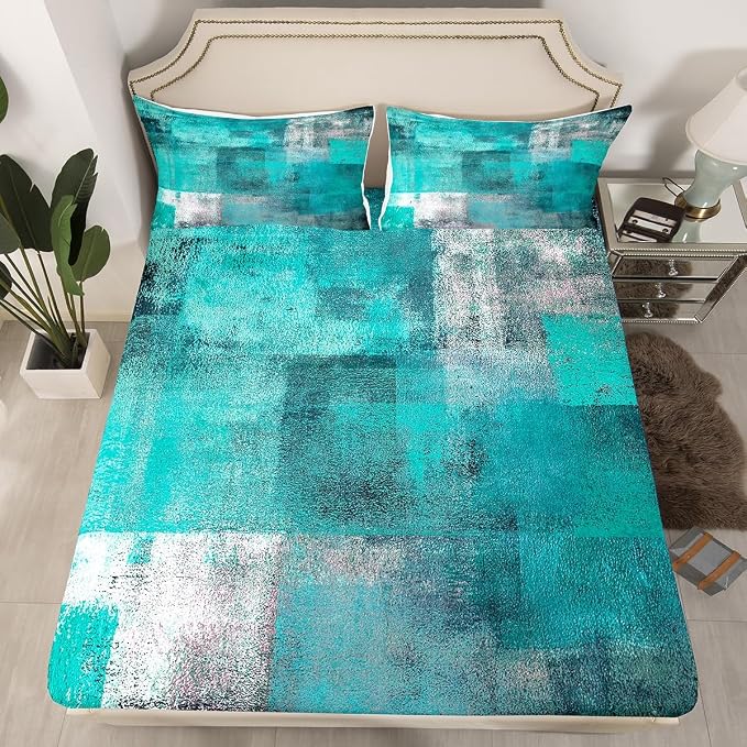 Erosebridal Teal Bed Sheets Set for Kids Boys Girls,Mid Century Sheet Set Full,Oil Painting Sheets,Watercolor Ombre Abstract Art Flat Fitted Sheet with 2 Pillowcases Bedroom Decor - Image 2