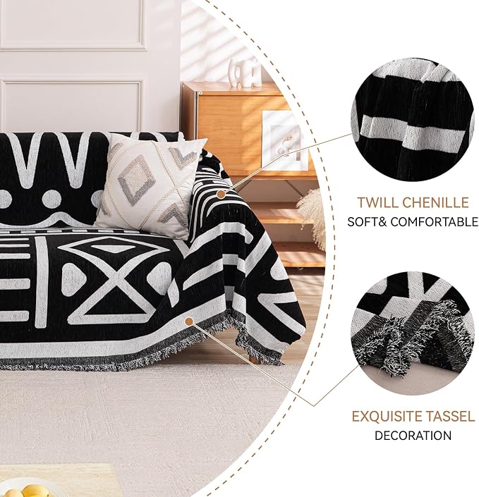 Deep Dream Boho Couch Cover, Non Slip Soft Chenille Couch Covers for 2-3 Cushion Couch, Thick Sofa Slipcover Sofa Cover Washable Couch Protectors for Dogs (Black, 71"x150") - Image 4