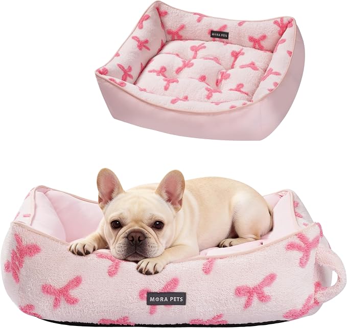 Mora Pets Reversible Dog Bed for Medium Size Dogs Washable - Cool & Warm 2-in-1 Anti Anxiety Calming Pet Bed for Summer, Rectangle Puppy Bed with Non Slip Bottom Cute Pink Bow (30''x24''x8'') by MoraPets