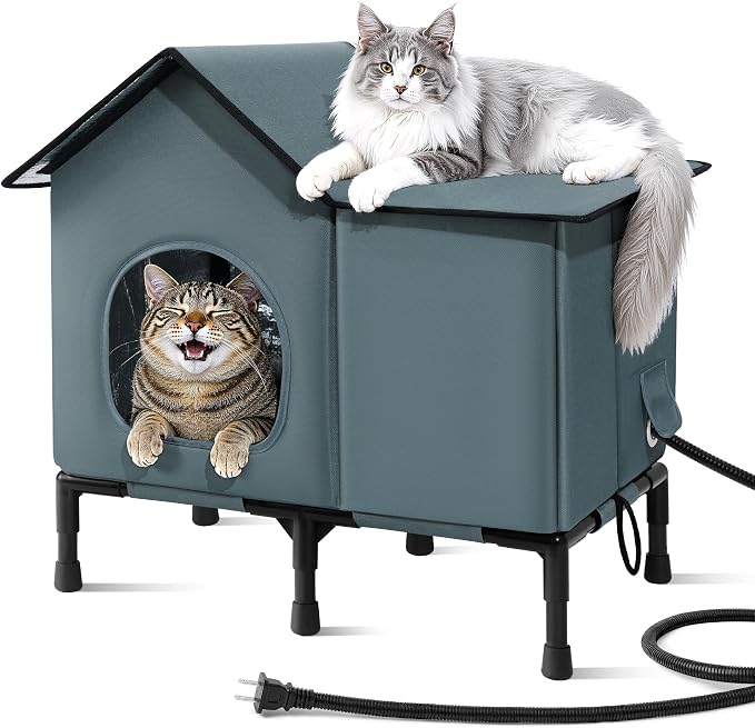 Weatherproof Heated Cat House for Outside with Heating Pad, Elevated Feet Outdoor Cat House, Expanded Canopy Warm Cats Shelter, Heating Pet Beds for Feral or Stray Cats in Winter (Warm Grey, Heated) by HABUTWAYMakeYourLifeComfortable
