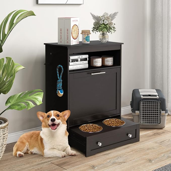 Dog Food Cabinet Feeding Station with 2 Raised Bowls, Pull Out Elevated Dog Bowl, Storage, 3 Hangers, Pet Feeder Toy Leashes Organizer, Brown - Image 2