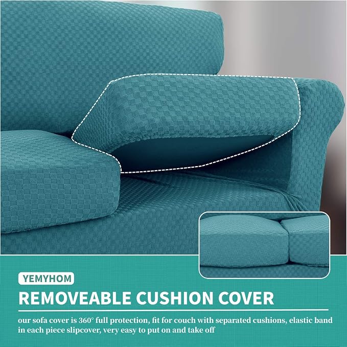 YEMYHOM Latest Checkered 3 Pieces Couch Covers for 2 Cushion Couch High Stretch Thickened Love Seat Sofa Cover for Dogs Pets Anti Slip Elastic Loveseat Slipcover Protector (Teal), 55"-69"(2 Cushions) - Image 4