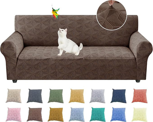 YEMYHOM 1 Piece Stretch Couch Covers for 3 Cushion Couch, Jacquard Sofa Cover with Non-Slip Elastic Bottom, Thickened Slipcover Furniture Protector for Dogs Pets (Large, Brown） by YEMYHOM