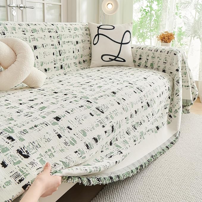 DREAMINGO Abstract Chenille Couch Cover Blanket Beige Green Black Boho Sofa Cover, Washable Furniture Protector, Universal Slipcover for Couch, Geometric Brushstroke Jacquard, Large 71"x118" - Image 2
