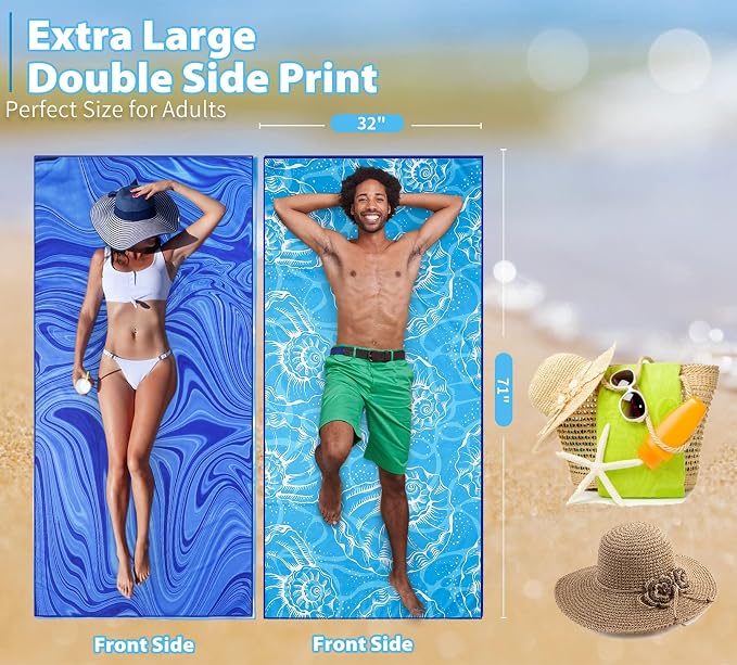 TwoYek Microfiber Beach Towel Extra Large 71x32 Blue Shell 2 Pack | Thin & Lightweight, Sand Free, Super Absorbent & Quick Dry, Oversized Towels for Beach Bath Pool Swim Travel Essentials Gift - Image 3