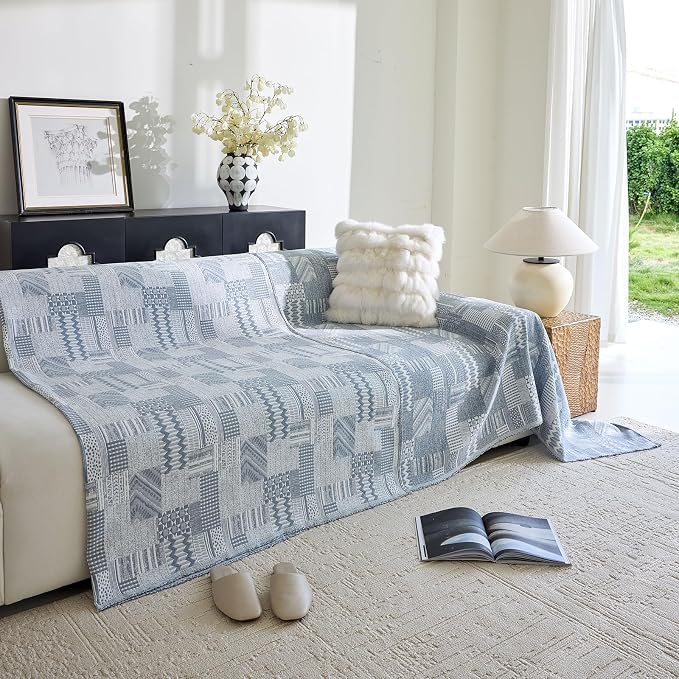 DREAMINGO Vintage Patchwork 3-Layer Gauze Geometric Jacquard Sofa Cover, Farmhouse Couch Cover Blanket for 3 Seater, Living Room Washable Furniture Protector, Denim Blue, 91"x134" - Image 7