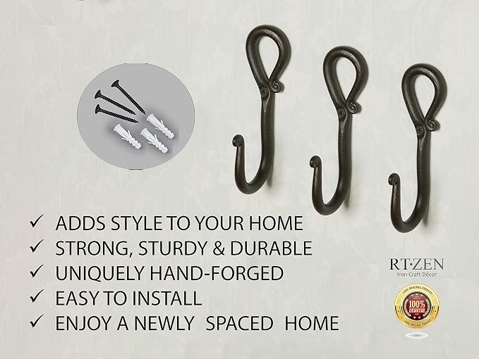 RTZEN Classic Farmhouse Wall Mount Multi-Use Wrought Iron Hook Set (3 Pack) | Decorative Rustic Metal Handcrafted Bathroom, Entreyway Home Decor Hooks Suitable for Coats, Towels, Robe or Hat Hanging - Image 6