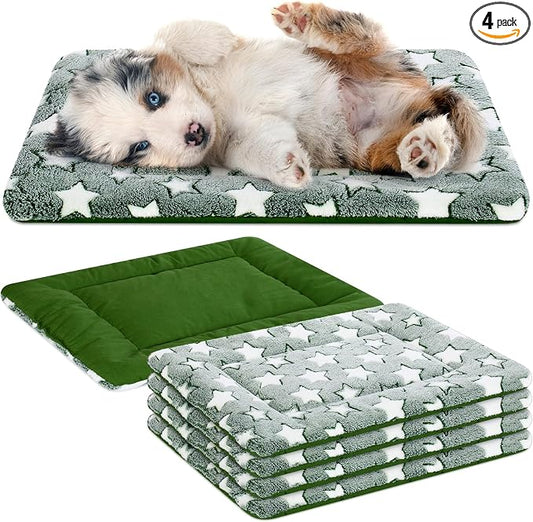 VitalCozy 4 Pcs Dog Crate Pads, Ultra Soft Warm Washable Anti-Slip Kennel Bed Mat for Pets, Reversible, Replaceable, Cage Liner for Small Medium Large Dogs and Cats(18 x 24 x 1.6 Inch,Star,Green) by VitalCozy