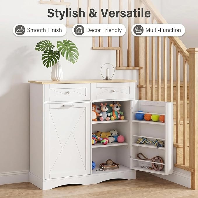 kepptory 37" High Dog Feeding Station with Storage Drawer, Pet Organizers and Storage Adjustable Shelf, Dog Feeder Station, Pet Storage Cabinet for Cats and Dogs (White) - Image 3