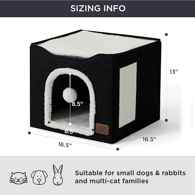 Bedsure Cat House Bed for Indoor Cats with Fluffy Ball and Scratch Pad | Black,16.5x16.5x13 in,Large Cat Cave for Multiple Pets,Foldable Cat Hideway Cube for Sleeping Kitten - Image 3