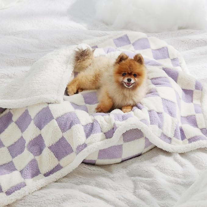 LE SURE Waterproof Dog Blankets for Small Dogs Cute Cozy 3D Jacquard,25x35 | Puppy Blanket for Cat Aesthetic Gift, Warm Soft Sherpa Throw Washable, Reversible Pet Couch Protector, Lavender Checks - Image 8
