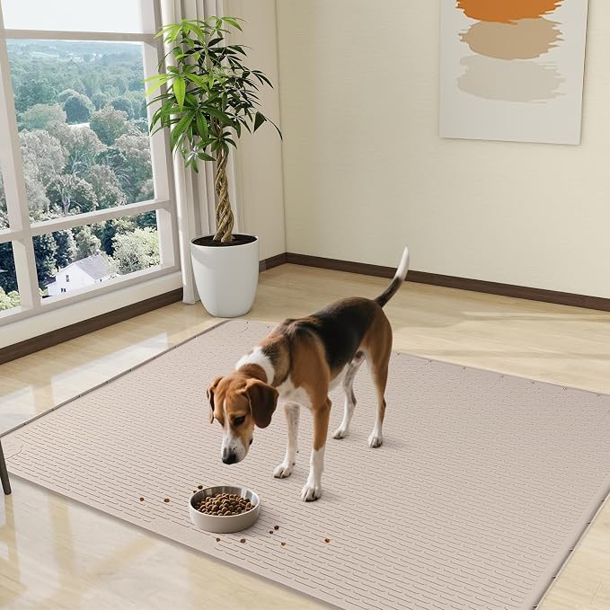 Dog Food Mat 50''x35'' Extra Large Dog Mat for Food and Water, Khaki | Silicone Dog Bowl Mat with Raised Edge, Waterproof Non-Slip Pet Feeding Mat for Floors, fit for Dog Cat Bowls - Image 7