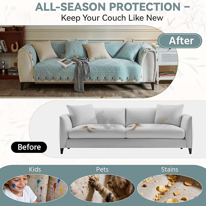 OTOB Cotton Quilted Dog Couch Covers for Sofa Washable Anti Slip, 1 Piece | Blue, 27.6"x70.9", Rustic Farmhouse Embroidery, All Seasons, Soft Thick, Breathable, Wear-Resistant, Pet Friendly - Image 5