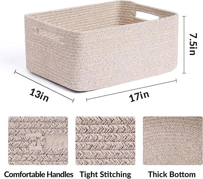 MiniArk Large Storage Baskets for Organizing, 17 x 13 x 7.5” Closet Shelf Baskets for Clothes Blanket Towels, Baby Nursery, Toy Bins Box, Woven Rope Baskets, 4 Packs Mixed Brown - Image 2