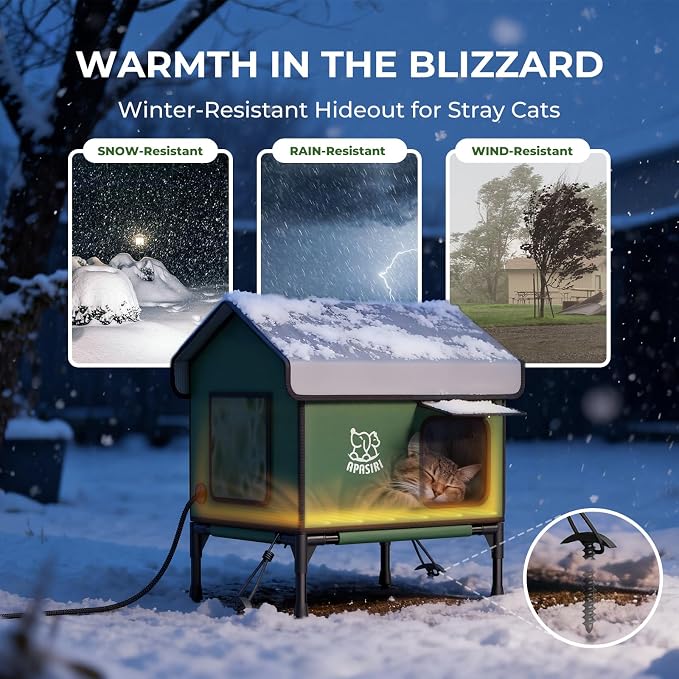 Heated Cat House Weatherproof - Insulated Outdoor Cat Shelter with Thermostatic Heating Pad, Water Resistant 900D Oxford Feral Cat House with Anti-Peep Curtains Escape Door for Winter, Medium - Image 2