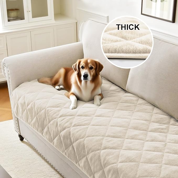 PrinceDeco Couch Covers for Dogs Chenille Sofa Covers for 2 Cushion Washable Quilted Checkered Fuzzy Pet Couch Cover Soft Couch Protector Non-Slip Sofa Pads for Puppy Cat Kids(34.5" x 60", Ivory) - Image 2