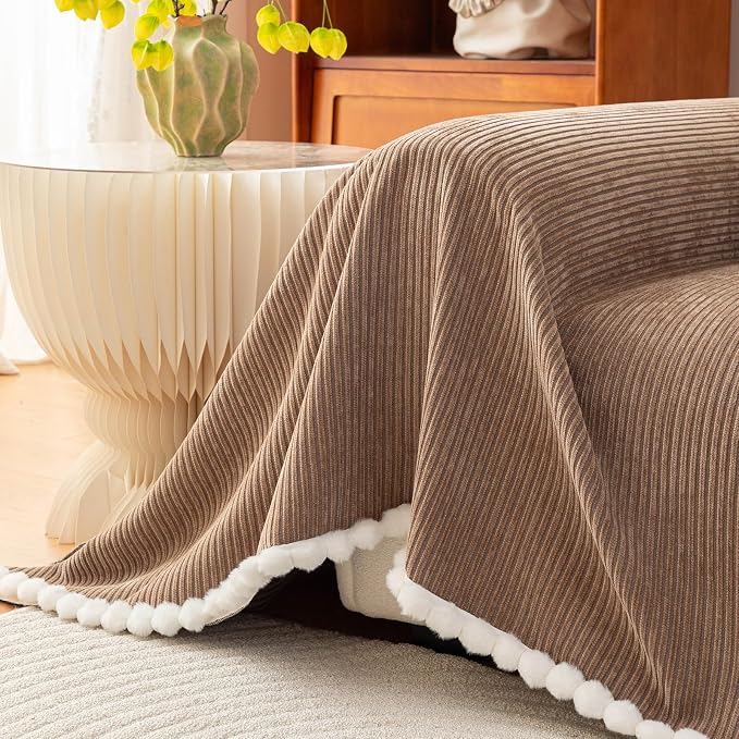 Brown Striped Chenille Sofa Cover for Sectional with Pom Pom Trim, Non Slip Couch Cover for Pets Washable, Soft Couch Protector for 3 Cushion Couch Boho Cute Throw Blanket for Living Room-71X150IN - Image 7
