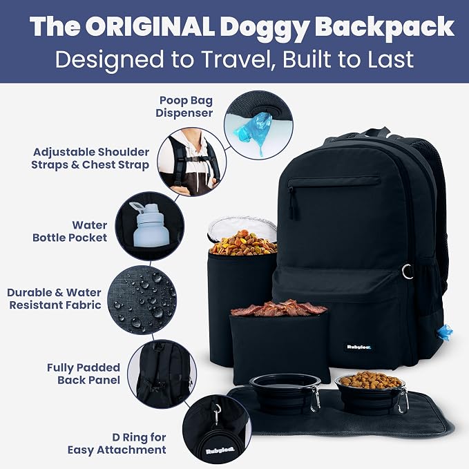 Rubyloo Dog Travel Backpack for Supplies - Dog Diaper Bag with Travel Bowls | 2 BPA-Free Bowls; Food Container & Treat Pouch; Placemat; Laptop Sleeve; Poop Bag Dispenser, Hiking, Camping & Road Trips, - Image 2