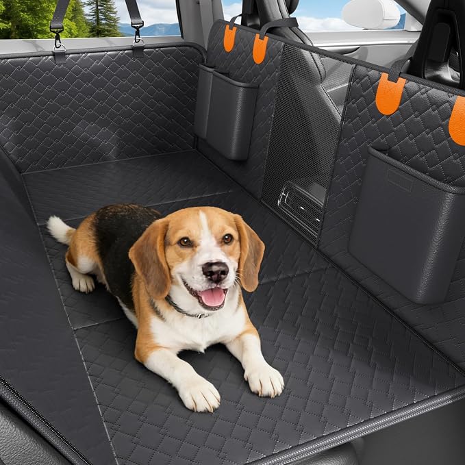 Dog Car Seat Cover Waterproof Vegan Leather, Scratchproof, Hard Bottom Back Seat Extender for Dogs, Non Slip Back Seat Protector with Mesh Window, Easy to Clean Fit Most Cars, Orange by REDASW