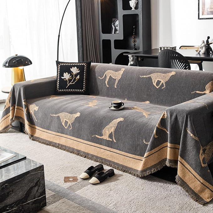 Chenille Sofa Cover with Tassels, Non-Slip Couch Cover for Seat Sofas, Washable Furniture Protector for Pets & Kids, Modern Leopard Pattern Chenille Blanket (Grey, 71"x134") - Image 2