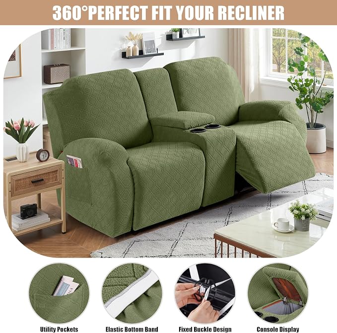 VANSOFY Stretch Recliner Loveseat Cover with Middle Console, Army Green | 4-Pieces, Soft Furniture Protector, Washable Slipcover with Pocket, Pets Sofa Cover, High Stretchy fabric Couch Cover - Image 5