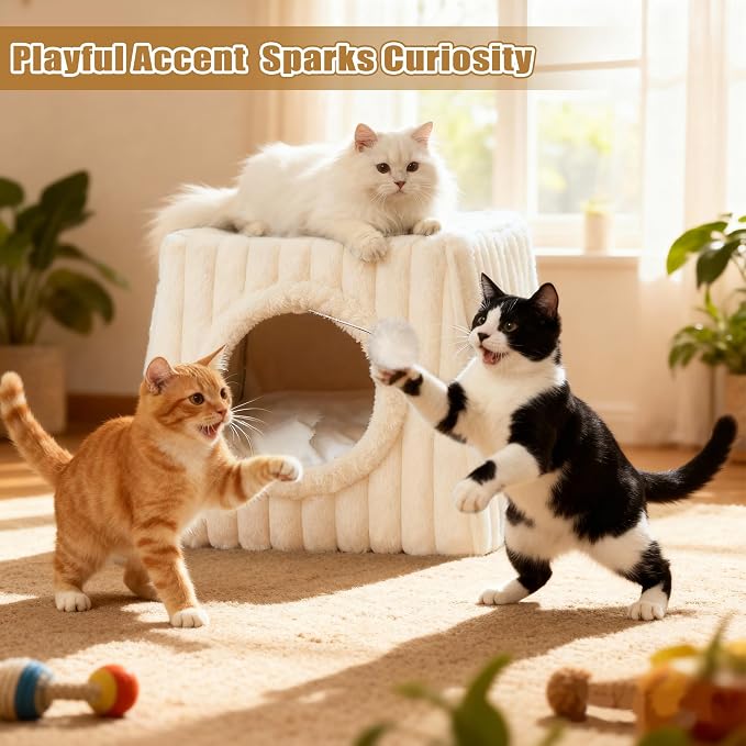 Dogpals Indoor Cat House - Large Cat Cave Bed with Fluffy Balls, Foldable Cat Bed Cave and Apartment with Pads, Suitable for Multiple Small and Large Cats, 18.5x15.4x15.4inches (White, XL) - Image 7