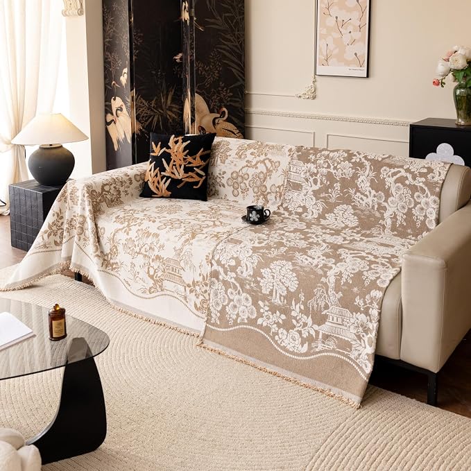 French Country Couch Cover for 3 Cushion Sofa, Chinoiserie Reversible Couch Cover Sectional L Shape, Farmhouse Beige Home Decor Chenille Non Slip Washable Large Couch Protector for Dogs 71"x118" - Image 6