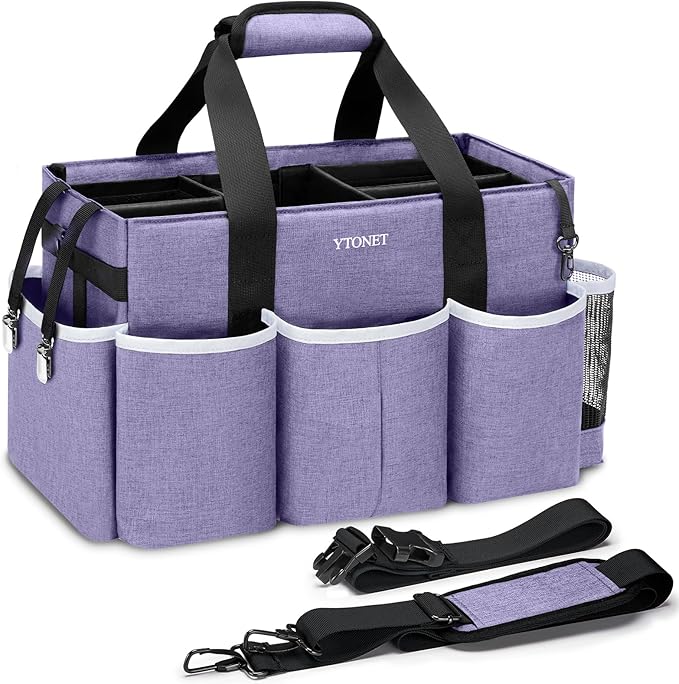Ytonet Cleaning Caddy, Wearable Cleaning Supplies Organizer with 4 Foldable Dividers, Large Cleaning Caddy for Cleaning Supplies with Handle and Shoulder Straps, Cleaning Bags for Housekeepers, Purple by YTONET