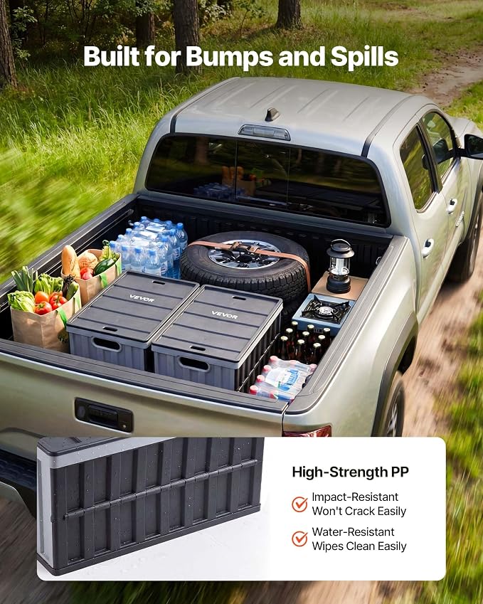 VEVOR Plastic Collapsible Storage Bins with Lids, 65L 2 Packs, Stackable Folding Storage Crates with Handles, Holds 84 lbs Per Bin, Heavy Duty Containers, Space-Saving Baskets, for Home Organizing - Image 6