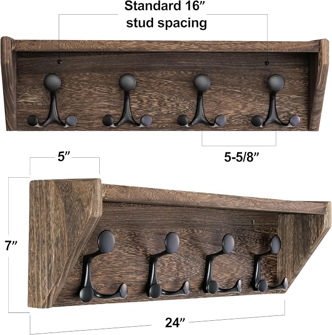 SKOLOO Wall Shelf with Hooks, 24-Inch, Weathered Brown | Coat Rack Wall Mount with Shelf, Heavy Duty, 4 Tri Hooks, Perfect for Entryway, Hallway, Living Room, Bedroom, Mudroom - Image 2