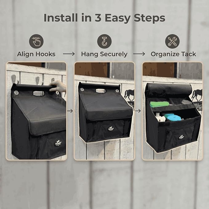 Stall Front Organizer Bag, Black, Multi-Compartment Storage, Horse Grooming Supply Holder with Top Loading Design - Image 3