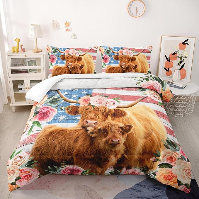 Nttopship Highland Cow Flower Comforter Sets Full Size for Kids,American Flag Western Animal Bedding Sets All Season 1 Comforter and 2 Pillowcases - Image 2