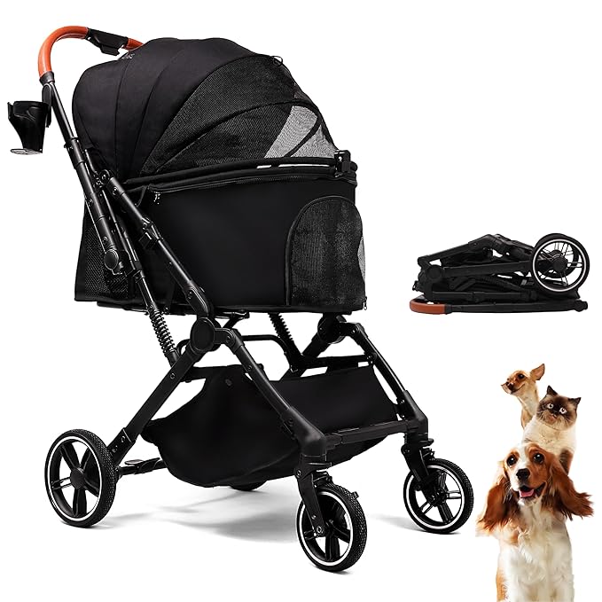 Pet Stroller for Small Medium Dogs Cats Up to 45 lbs, Travel Lite Collapsible, All Terrain 4 Wheels for Jogging, Running, Black