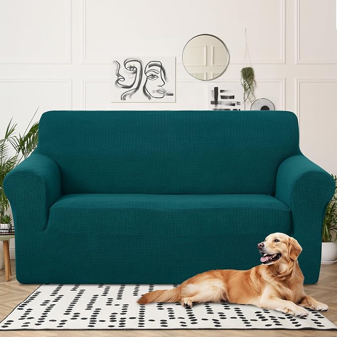 U-NICE HOME Oversized Stretch Loveseat Couch Cover, Blue | 2 Cushion Sofa, 1-Piece Sofa cover, Washable, Pet friendly, Furniture protector, Polyester Spandex Jacquard fabric - Image 2