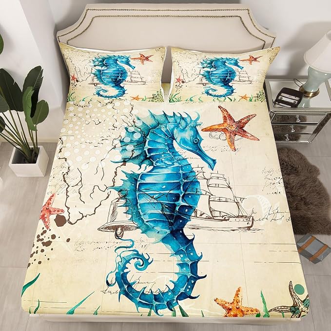 Kid's Bed Sheet Set Full Seahorse Bedding Set for Boys Girls Teens Bedroom Decor,Soft Microfiber Marine Mediterranean Style Design Ocean Sheet Set Includes Fitted Sheet + Flat Sheet + 2 Pillow Case - Image 4