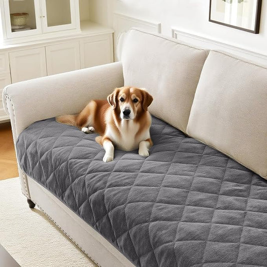 Couch Covers for Dogs Chenille Sofa Covers for 2 Cushion Washable Quilted Checkered Fuzzy Pet Couch Cover Soft Couch Protector Non-Slip Sofa Pads for Puppy Cat Kids(34.5" x 60", Light Grey) by PrinceDeco