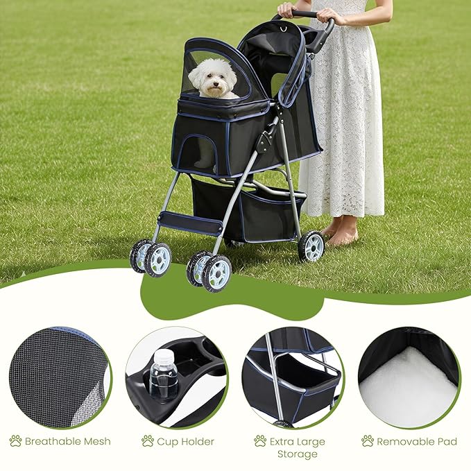DUMOS 4 Wheels Pet Stroller for Small Dogs and Cats – Foldable Dog Stroller with Mesh Windows, Storage Basket & Cup Holder, Lightweight & Durable Pet Carrier for Travel, Outdoor Use – Black