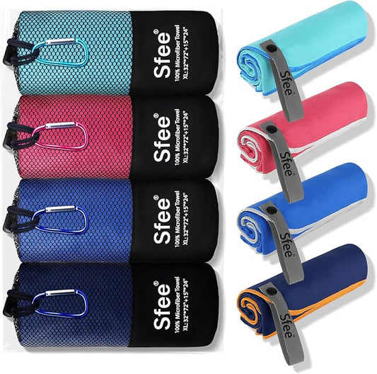 Sfee 4 Pack(8Pcs) Microfiber Travel Towel, Quick Dry Towel Camping Towel Large Beach Towel Super Absorbent Compact Lightweight Sports Gym Towels Set for Beach, Gym, Hiking, Pool, Backpacking,Bath,Yoga by Sfee