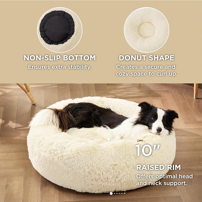Bedsure Calming Dog Beds Large Sized Dog Donut Washable Pet Bed,36ins | Fluffy Faux Fur Round Cuddler,with Removable Washable Cover,Anti-Slip Bottom,Anti-Anxiety,for Pets Up to 80 Lbs Ivory Beige - Image 3