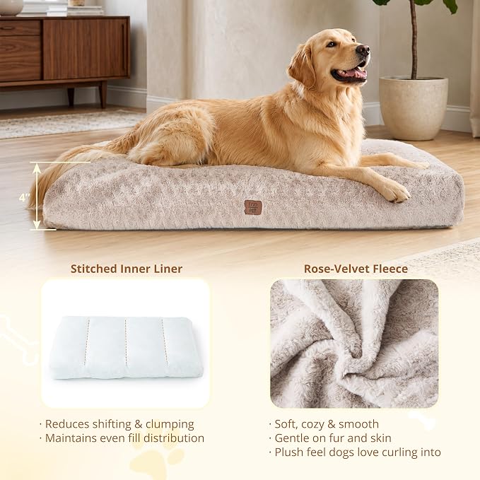 EGOHOME Extra Large Dog Bed, Shredded Memory Foam, Washable, Non-Slip | Balanced Support Foam, CertiPUR-US, Removable Washable Cover, Rose Velvet, Dog Crate Bed & Kennel Pad, 47 x 29 Inch, Beige - Image 2